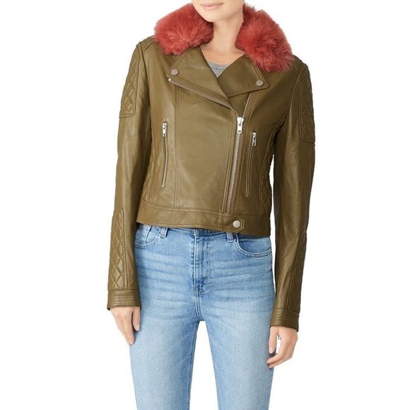 Samantha Sipos Green Leather Faux Fur Biker Jacket Women's Size Medium M - Picture 1 of 13